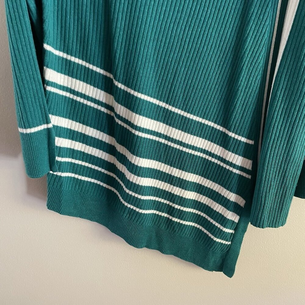 Chicos Sz 2 US L Bright Jade Coastal Asymmetrical Hem Striped Tunic Sweater - Picture 5 of 12